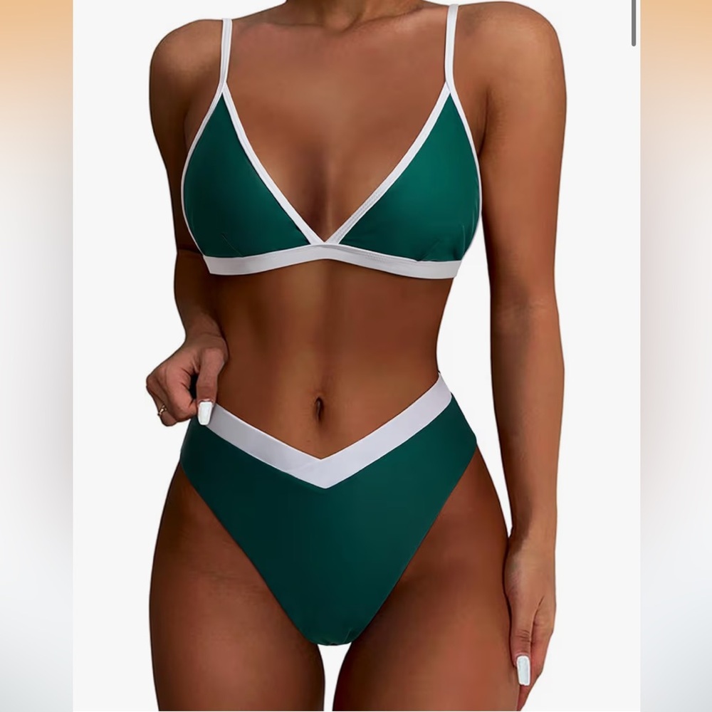 Classic V-Neck Emerald Green Bikini with White Trim